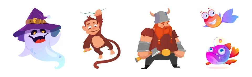 Game Characters with Viking, Monkey, Fish and Ghost Vector Set Illustrazione stock
