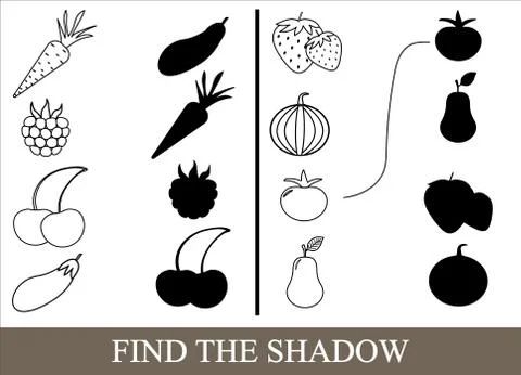 Game for children. Color objects of vegetables, berries and fruits and find t Illustrazione stock