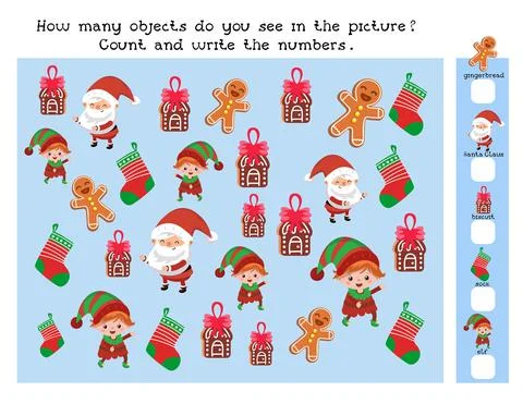 Game for children. Count and write the numbers. How many objects do you see here 库存插图