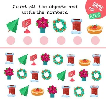Game for children. Count and write the numbers. How many objects do you see here Stock Illustration