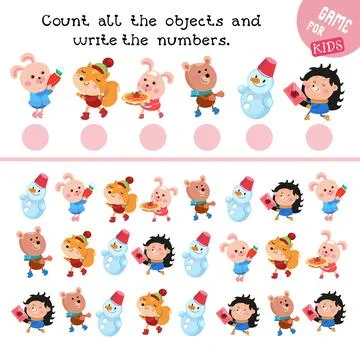 Game for children. Count and write the numbers. How many objects do you see here Illustrazione stock