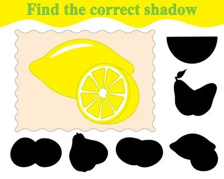 Game for children. Find the correct shadow of lemons. Education. Vector illus Stock Illustration