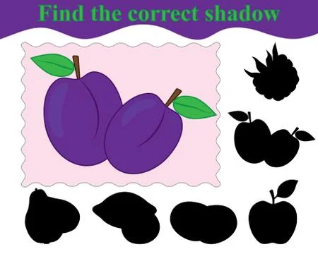 Game for children. Find the correct shadow of plums. Education. Vector illust Illustrazione stock