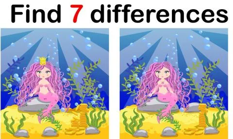 Game for children: find differences, little mermaid and sea world Stock Illustration