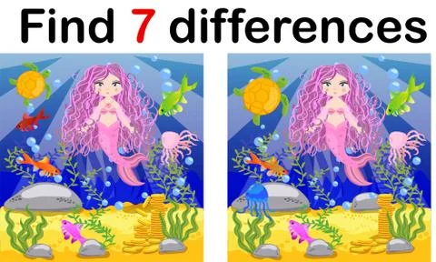 Game for children: find differences, little mermaid and sea world Stock Illustration