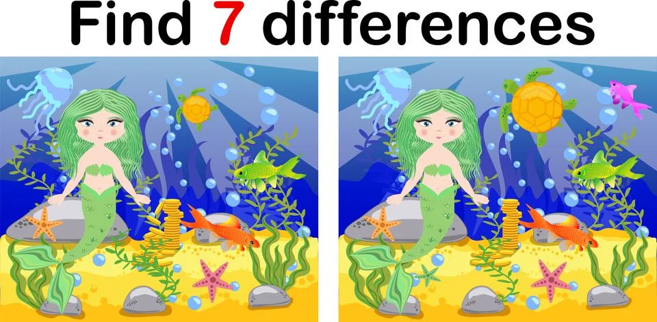 Game for children: find differences, little mermaid and sea world Stock Illustration