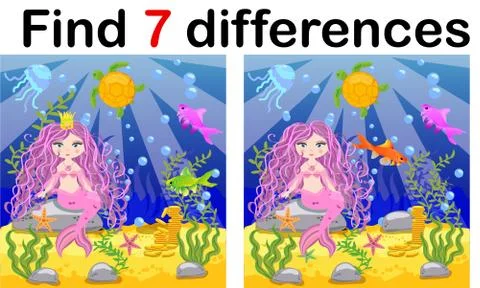 Game for children: find differences, little mermaid and sea world Stock Illustration