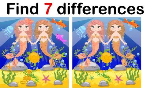 Game for children: find differences, little mermaid and sea world Stock Illustration