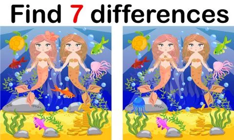 Game for children: find differences, little mermaid and sea world Stock Illustration