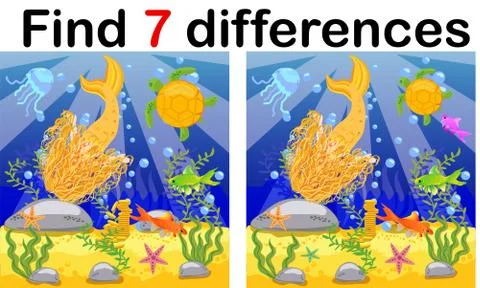 Game for children: find differences, little mermaid and sea world Stock Illustration