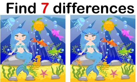 Game for children: find differences, little mermaid and sea world Stock Illustration