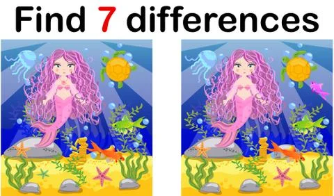 Game for children: find differences, little mermaid and sea world Stock Illustration