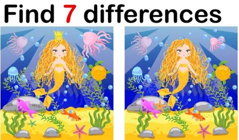 Game for children: find differences, little mermaid and sea world Stock Illustration