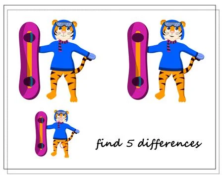 A game for children find the differences, winter, a tiger on a snowboard, a.. Stock Illustration