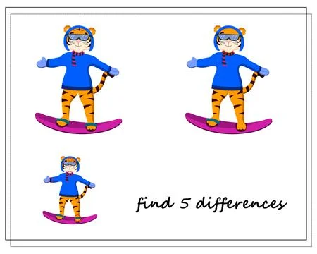 A game for children find the differences, winter, a tiger on a snowboard, a.. Stock Illustration
