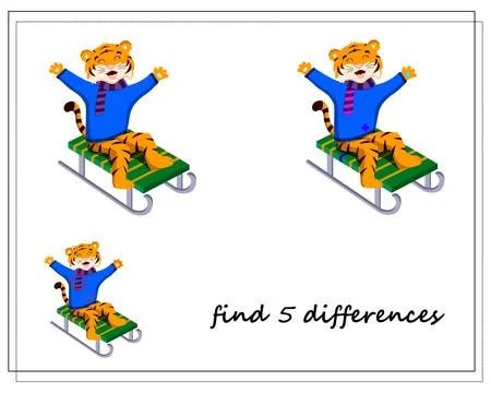 A game for children find the differences, winter, a tiger on a sled, a symb.. Stock Illustration