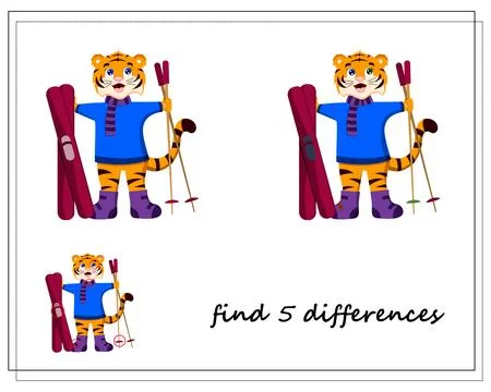 A game for children find the differences, winter, a tiger on skis, a symbol o Stock Illustration