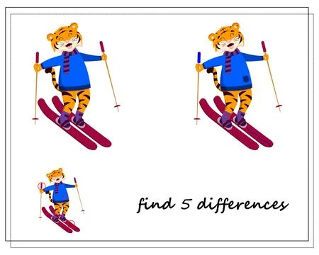 A game for children find the differences, winter, a tiger on skis, a symbol o Stock Illustration