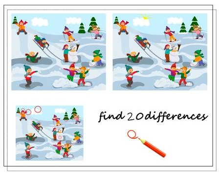 Game for children to find the differences. In winter children play snowball.. Stock Illustration