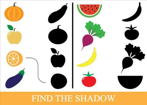 Game for children. Find the shadow of objects of vegetables, berries and frui Illustrazione stock