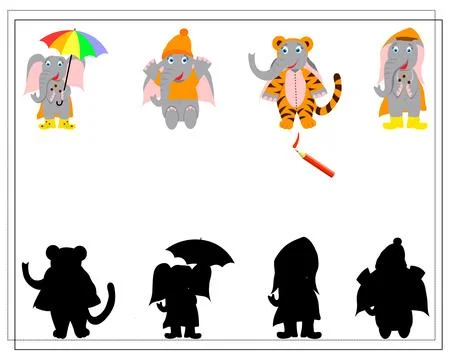 A game for children find where whose shadow is. cute cartoon elephant. vect.. Stock Illustration