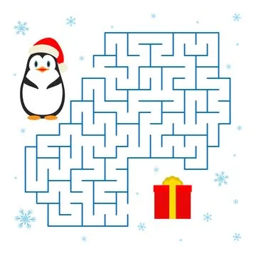 Game Christmas Maze. Vector maze with penguin and gift for children's educa.. Stock Illustration