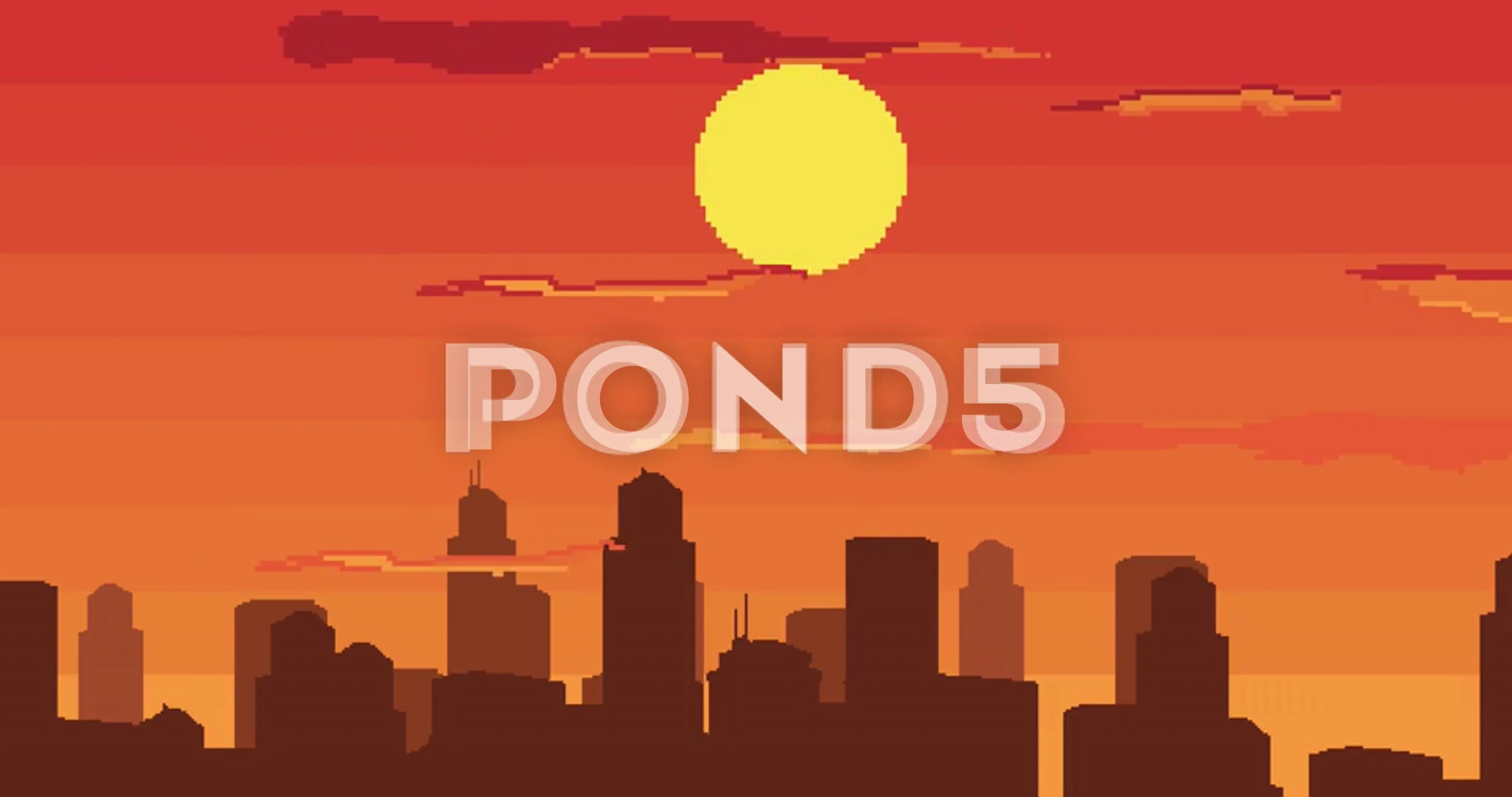 Game, city, sky, clouds, sun. Pixel art 8 bit animation