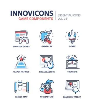 Game Components - modern vector line design icons set. Stock-Illustration