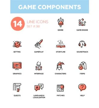 Game Components - modern vector single line icons set Illustrazione stock