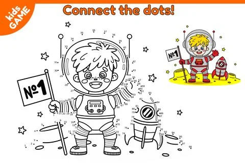 Game connect the dots and draw astronaut on moon Stock Illustration