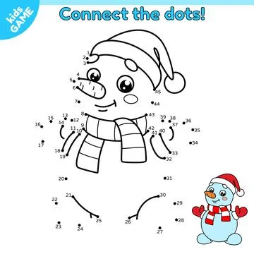 Game Connect the dots and draw snowman in red hat Stock Illustration