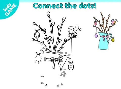 Game Connect the dots and draw jug with willow Stock Illustration