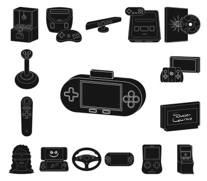 Game console and virtual reality black icons in set collection for design.Game Stock Illustration