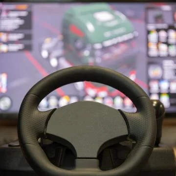 Game console-car simulator and computer monitor. PC game. Entertainments. Foto stock