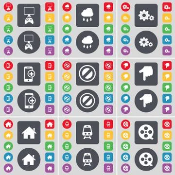 Game console, Cloud, Gear, Smartphone, Stop, Hand, House, Train, Videotape icon Illustrazione stock