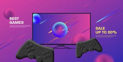 Game console with gamepads and large screen in abstract space background Stock Illustration