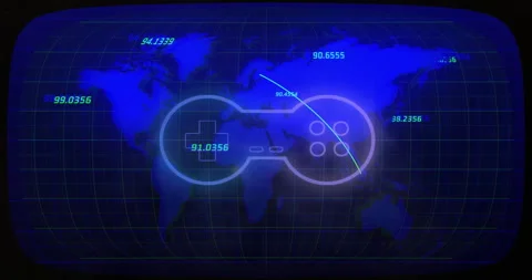 Game controller and coordinates animation over world map with blue grid Stock Footage 305220396