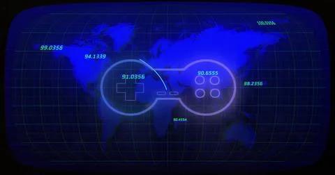 Game controller and coordinates image over world map with blue grid Stock Illustration