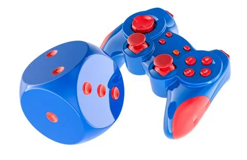 Game controller and dice in blue and red colors. 3D rendering Stock Illustration
