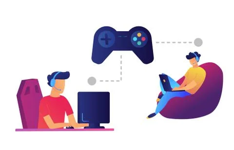 Game controller and gamers playing computer and laptop vector illustration. Illustrazione stock