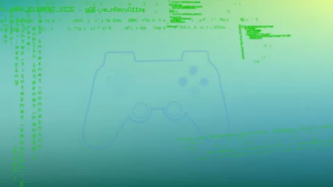 Game controller animation over green coding text on blue gradient background Stock Footage 303457326
