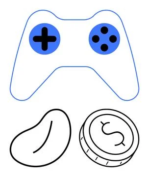 Game controller with blue buttons above a bean shape and a coin. Ideal for ga Stock Illustration