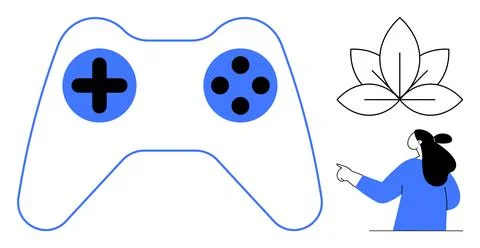 Game controller with blue buttons and black symbols, leaf design resembling a Illustrazione stock