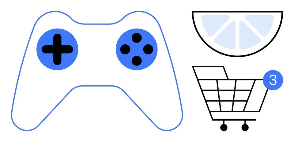 Game controller with buttons, segmented lemon slice, and shopping cart with 3 Illustrazione stock