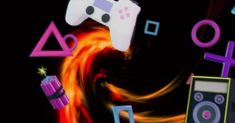 Game controller, dynamite, and geometric shapes animation over swirling fiery Stock-Footage 310821400