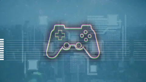 Game controller icon animation over digital cityscape background with data Video stock 303462295