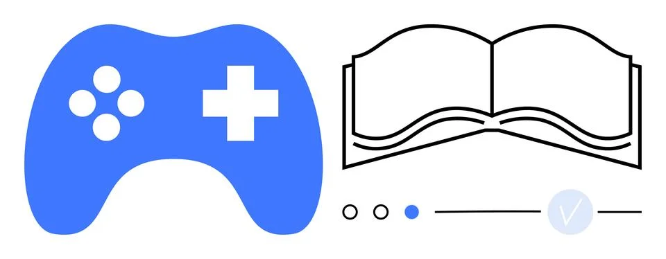 Game controller next to an open book outline with progress indicators below.  Stock Illustration