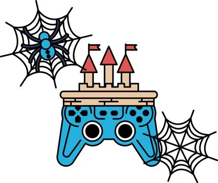 Game controller sits beside spiderwebs and castle flags Stock Illustration