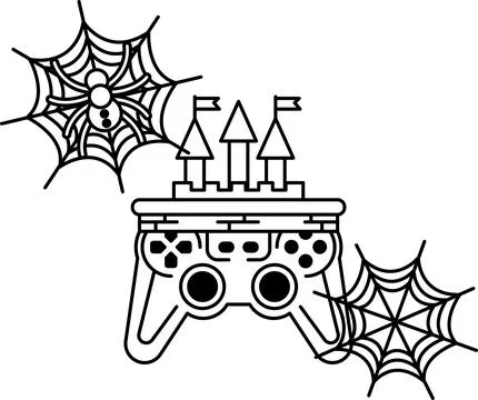 Game controller sits beside spiderwebs and castle flags Stock Illustration