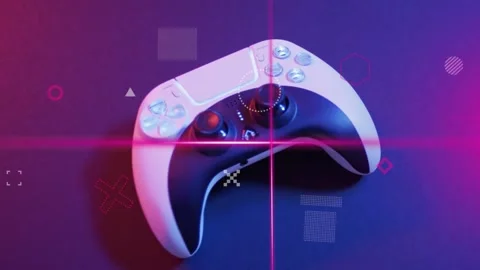 Game controller sitting center magenta laser sweeping forming crosshair, Stock Footage 335465477